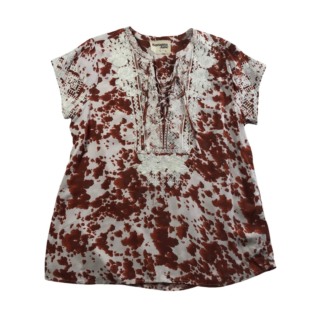 Savanna Jane Rust Cow Print Embroidered Lace Up Blouse Top Large T10715-4
